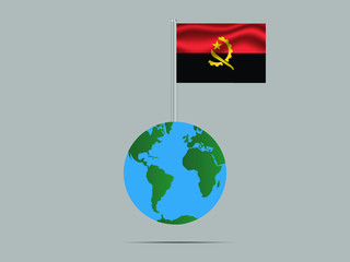 Angola National flag on flagpole, planet earth globe and america, africa, asia. original color and proportion, symbol and elements. vector illustration,countries set.