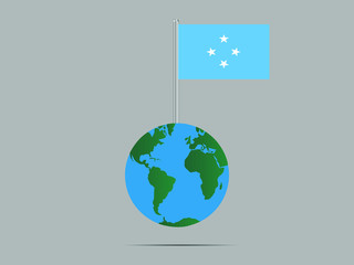 Micronesia National flag on flagpole, planet earth globe and america, africa, asia. original color and proportion, symbol and elements. vector illustration,countries set.