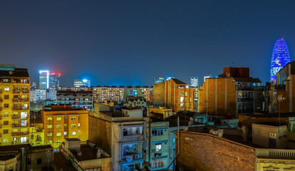Barcelona city night scene with beautfiul skyline lights in Spain