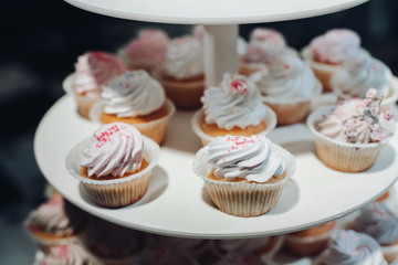 Selective focus of cute delicious cupcakes served on plate. Closeup of yummy desserts with cream staying on table. Concept of wedding candy bar, desserts and confectionery.