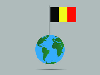 Belgium National flag on flagpole, planet earth globe and america, africa, asia. original color and proportion, symbol and elements. vector illustration,countries set.