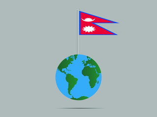Nepal National flag on flagpole, planet earth globe and america, africa, asia. original color and proportion, symbol and elements. vector illustration,countries set.