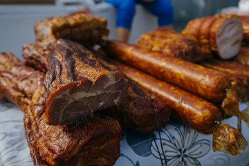  smoked meat and sausage on market 