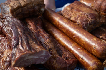  smoked meat and sausage on market 