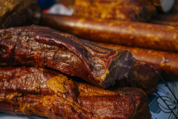  smoked meat and sausage on market 