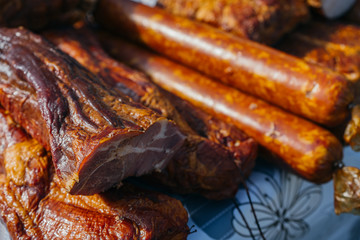  smoked meat and sausage on market 