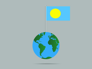 Palau National flag on flagpole, planet earth globe and america, africa, asia. original color and proportion, symbol and elements. vector illustration,countries set.
