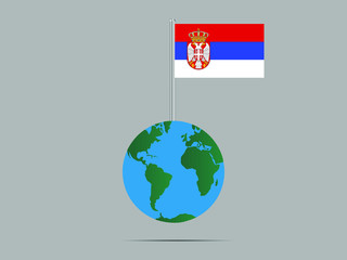 Serbia National flag on flagpole, planet earth globe and america, africa, asia. original color and proportion, symbol and elements. vector illustration,countries set.