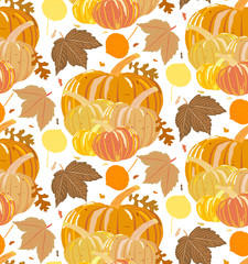 Seamless surface pattern with pumpkins and autumn leaves for thanksgiving wallpaper/wrapping paper/textile/tablecloth/kitchen towel fabric/ table mat print etc
