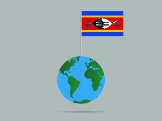 Swaziland or Eswatini National flag on flagpole, planet earth globe and america, africa, asia. original color and proportion, symbol and elements. vector illustration,countries set.