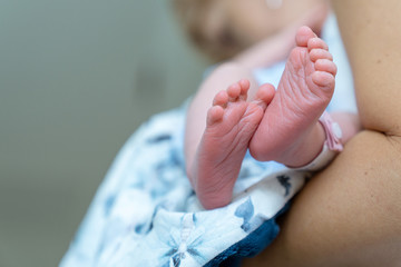 Newborn tiny feet. The first few hours in the world. - obrazy, fototapety, plakaty