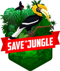 vector jungle rainforest emblem with great hornbill and butterflies © Save Jungle