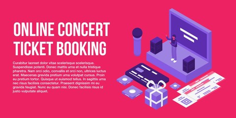 Online concert ticket booking concept banner. Isometric illustration of online concert ticket booking vector concept banner for web design