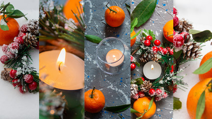 Winter background candles and tangerines. Christmas decorations.