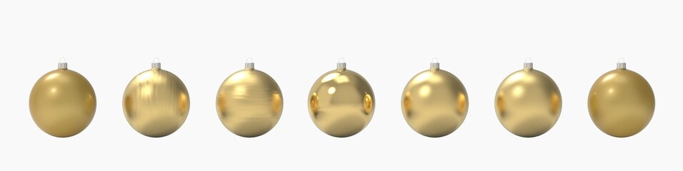 Christmas gold baubles set isolated on a white background, 3d render. Christmas balls with different golden texture.