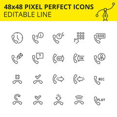 Simple set of icons related for handset services. Collection of phone technology outline symbols. Contains icons as handset, support, keyboard, sms etc. Pixel Perfect. Editable Stroke. Vector-Vector.