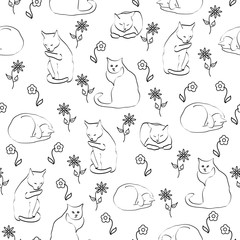 Vector Black and White Cats with Flowers on White Background Seamless Repeat Pattern