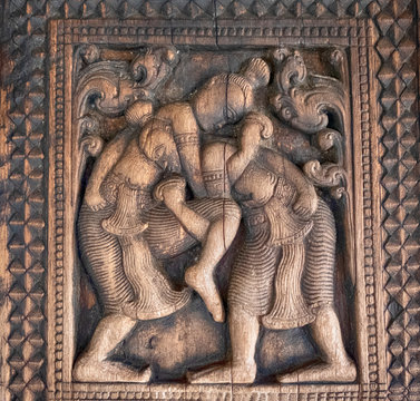 Wood Carving on a Column of Embekke Devala, Hindu Temple, Kandy, Sri Lanka
