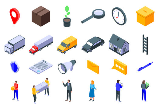 Relocation icons set. Isometric set of relocation vector icons for web design isolated on white background
