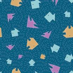 Vector Blue, Purple, Yellow Fish on Blue Background Seamless Repeat Pattern. Background for textiles, cards, manufacturing, wallpapers, print, gift wrap and scrapbooking.