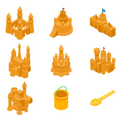 Castle sand icons set. Isometric set of castle sand vector icons for web design isolated on white background