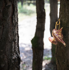 Antique artisanal Aladdin Arabian nights genie style oil lamp at the forest. Lamp of wishes fantasy concept