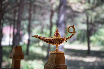 Antique artisanal Aladdin Arabian nights genie style oil lamp at the forest. Lamp of wishes fantasy...