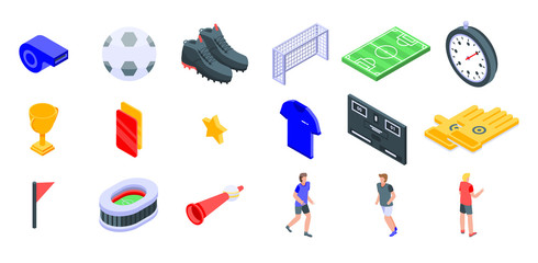 Soccer icons set. Isometric set of soccer vector icons for web design isolated on white background