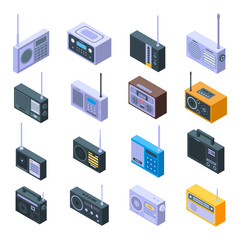 Radio icons set. Isometric set of radio vector icons for web design isolated on white background