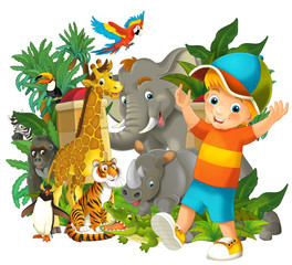 Cartoon zoo scene near the entrance with different animals and kid - amusement park - illustration for children