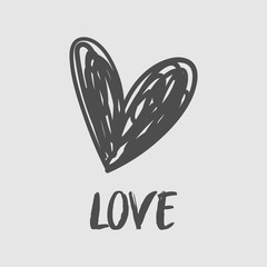 Heart doodle with Love text lettering. Hand drawn romance symbol. Wedding and valentine's day decorative design.