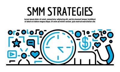 SMM strategies banner. Outline illustration of SMM strategies vector banner for web design