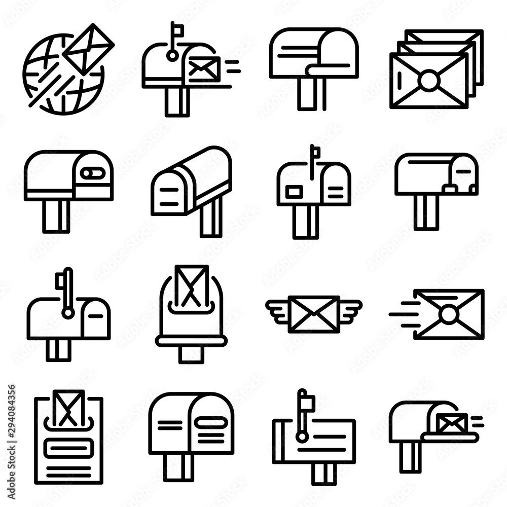 Poster mailbox icons set. outline set of mailbox vector icons for web design isolated on white background