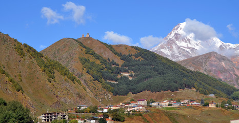 Mount Kazbek is a dormant stratovolcano and one of the major mountains of the Caucasus located on...