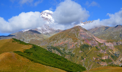 Mount Kazbek is a dormant stratovolcano and one of the major mountains of the Caucasus located on...