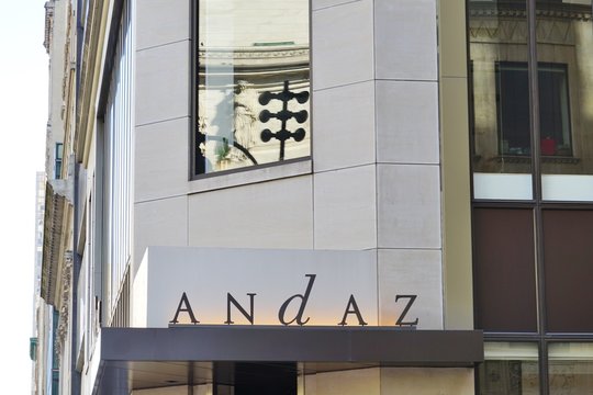 NEW YORK CITY, NY -4 OCT 2019- View of the Andaz Fifth Avenue, a luxury boutique hotel located on Fifth Avenue and 41st Street near the New York Public Library. It is managed by Hyatt.