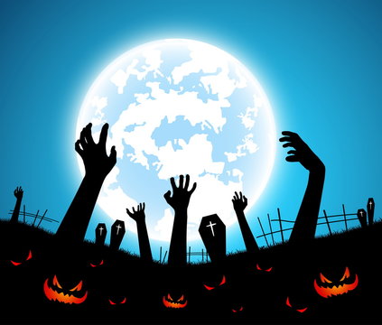 illustration halloween festival background,full moon on dark night with zombie hand up from the grave,many ghost and devil walking to castle for celebration halloween day