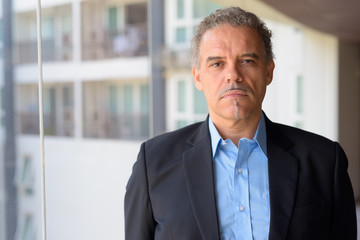 Face of mature Hispanic businessman by the glass window of office building