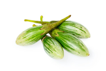 Closeup image of green small thailand striped egglants group isolated at white background. Healthy vegan vegetable diet concept.