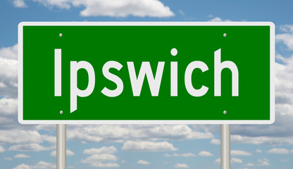 Rendering of a green 3d highway sign for Ipswich in England
