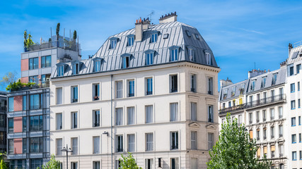Paris, ancient and modern buildings in the center, typical parisian facade and windows