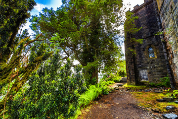 Ancient Scottish medieval buildings and beautiful landscape of traditional nature.