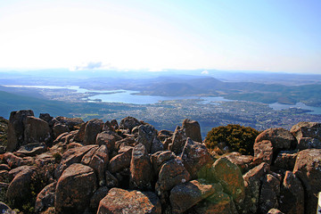Rocky summit view down to Hobart. Tasmania. Australia.