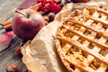 Freshly baked autumn apple pie with cinnamon. Selecive focus. Shallow depth of field.
