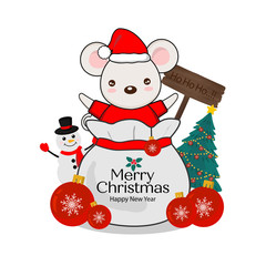Merry Christmas greeting card. Little Mouse on gift bag.