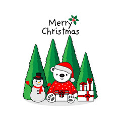 Merry Christmas Greeting Card.Polar Bear holding gift box.