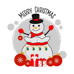 Merry Christmas greeting card. Little Mouse on gift bag.