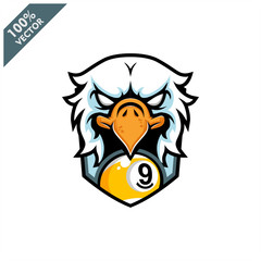 Vector sport logo, eagle head illustration and billiard 9 ball on the shield background. Logo for sport club or team. Vector illustration