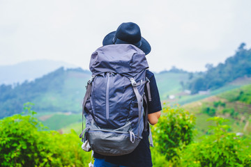 woman backpacker travel on mountain