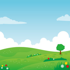 Nature landscape vector illustration, Green meadow vector illustration with some flower and tree